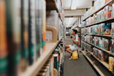 A person sitting on the floor in a library