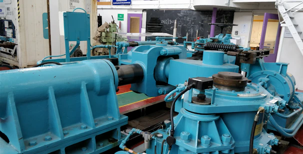 A large blue machine in a room