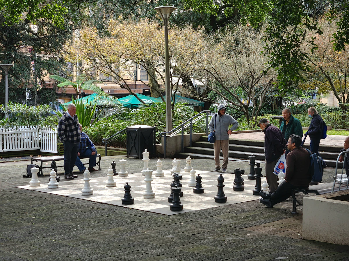 Adults enjoying a social game of chess in Sydney
