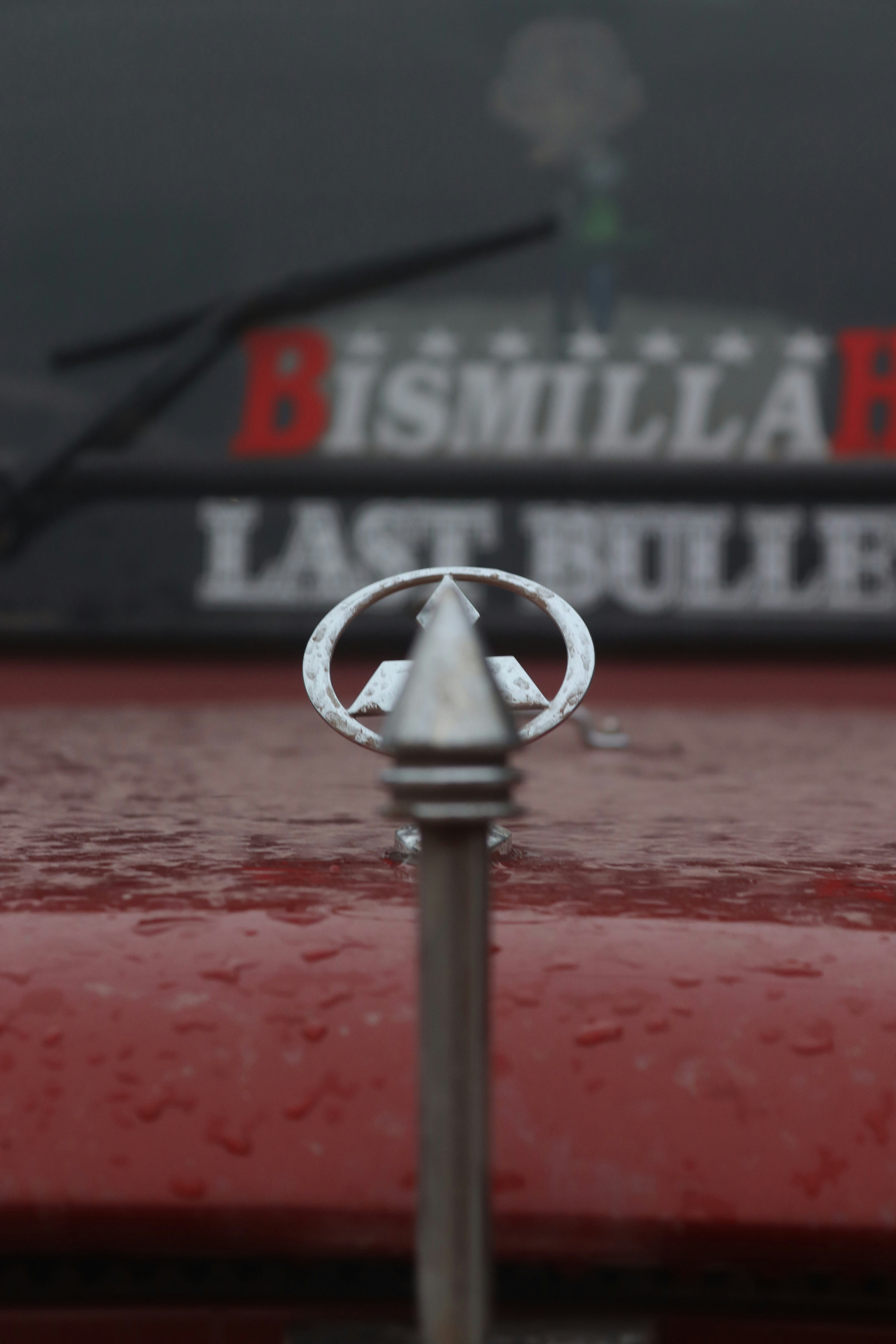 A close up of the emblem on a red truck