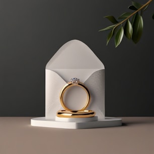 A couple of wedding rings sitting on top of an envelope