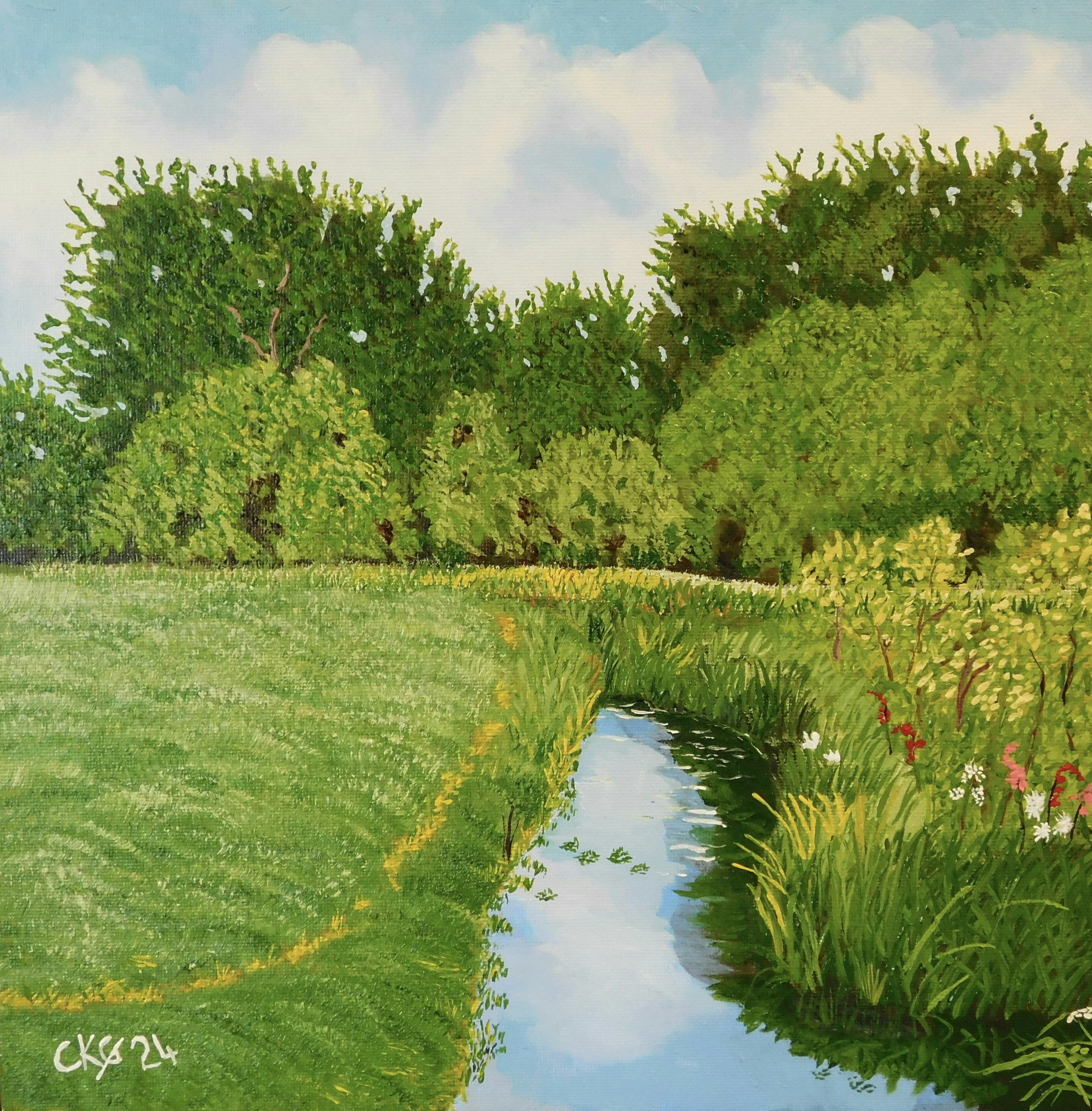 A painting of a grassy field with a stream running through it