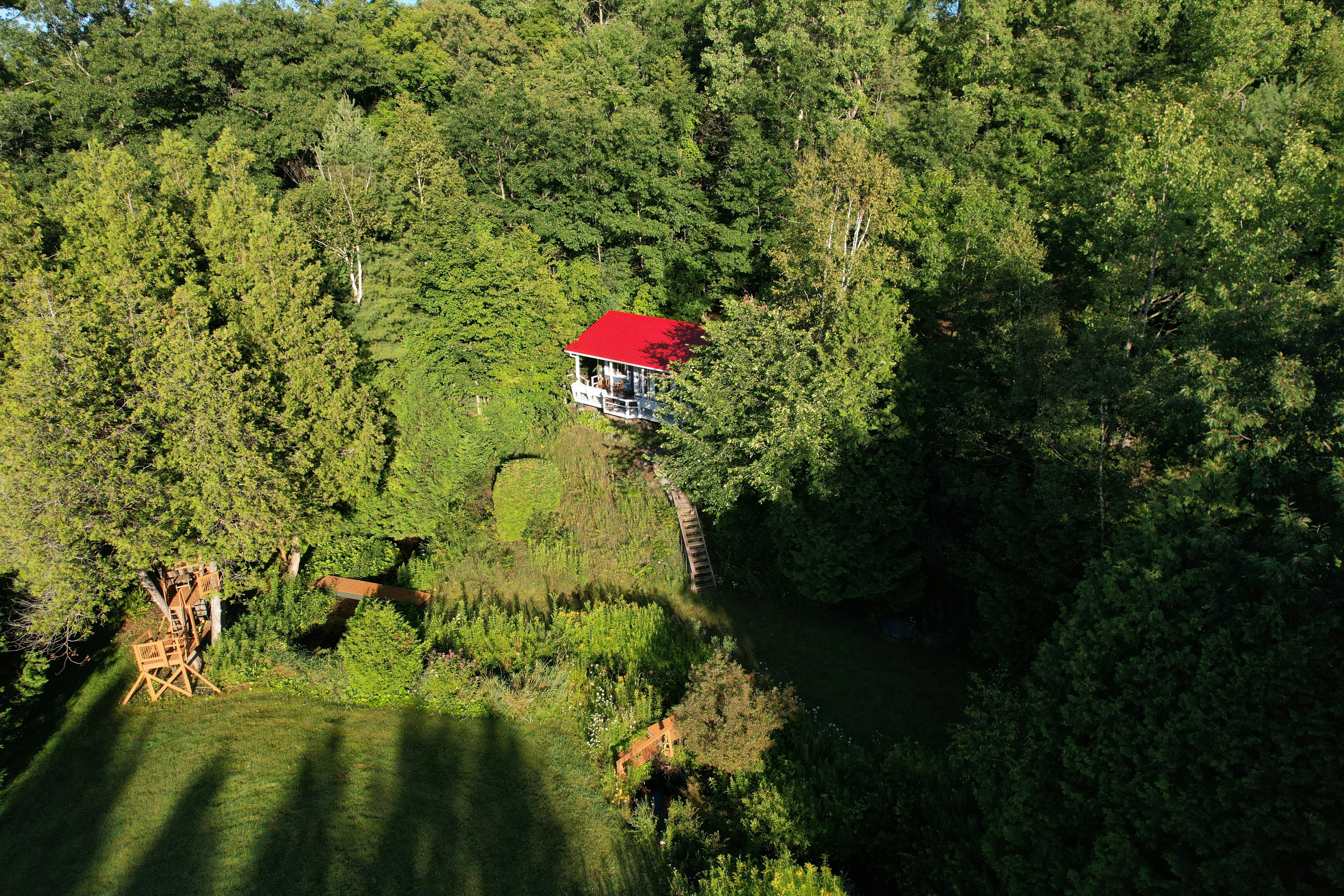 An aerial view of a house surrounded by trees