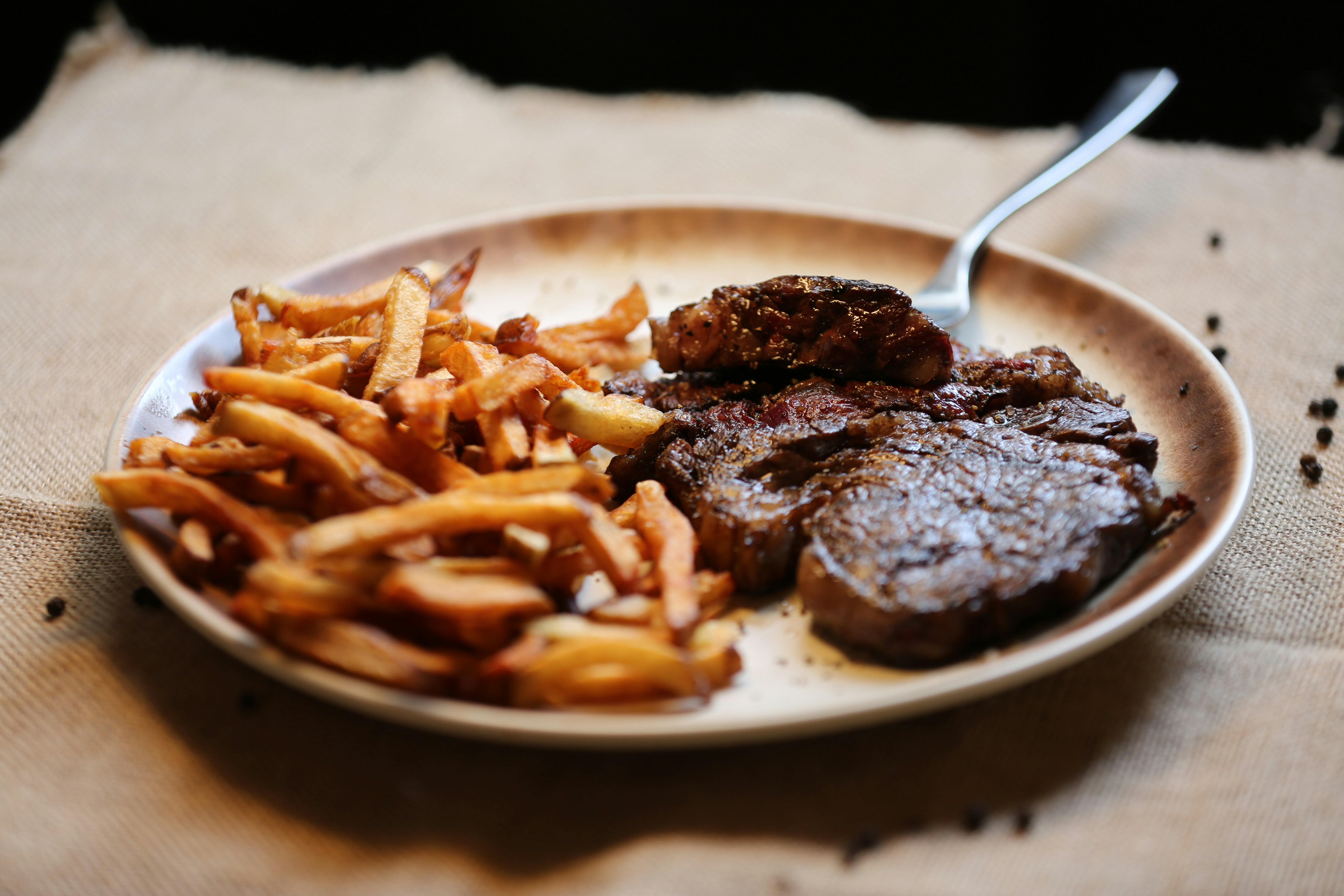 Perfectly prepared steak frites with golden fries - chez fifi