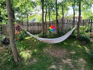 A hammock in a yard with trees and a fence