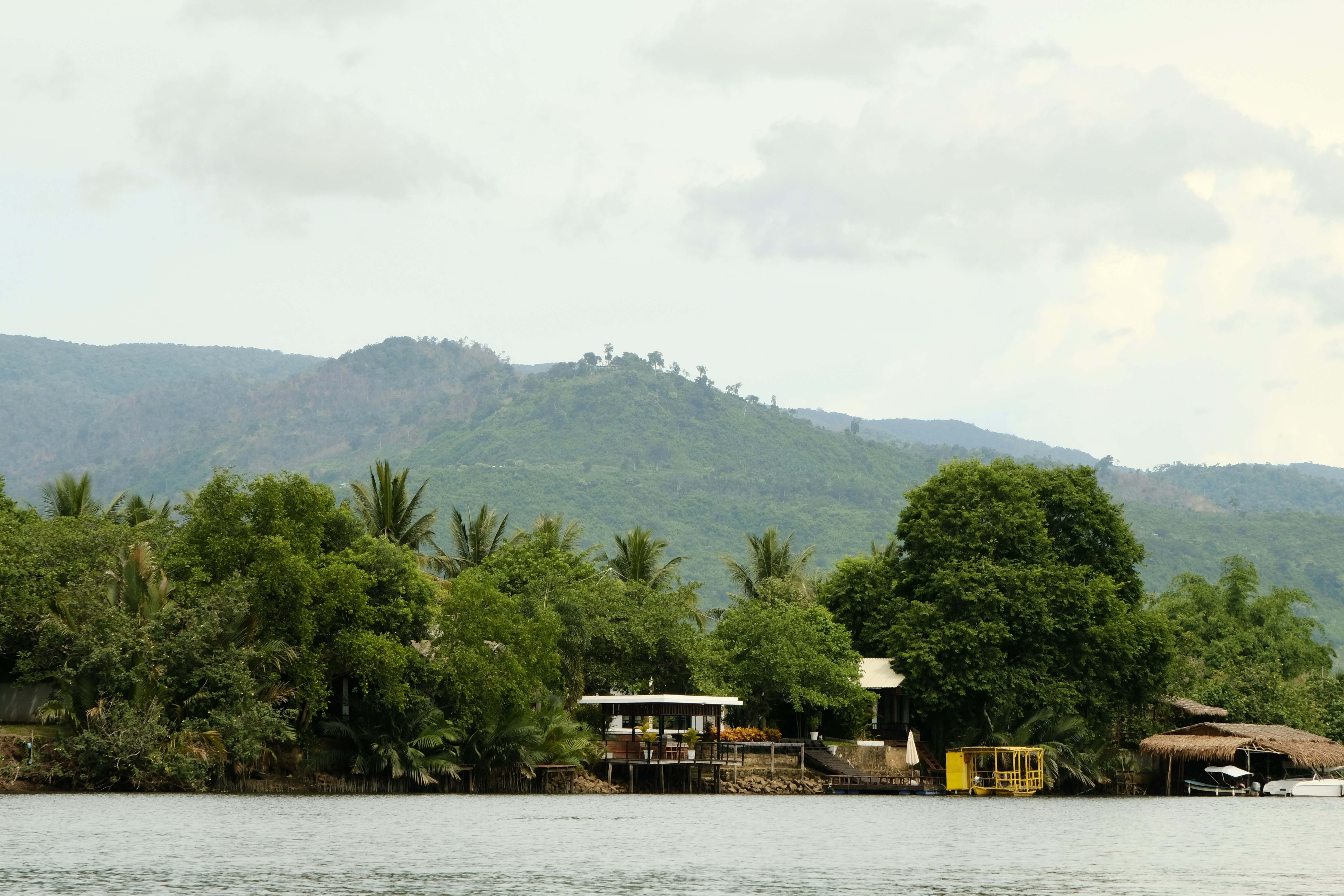 A body of water surrounded by trees and mountains