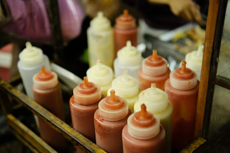 A close up of a tray of condiments