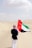 A man holding a flag in the desert
