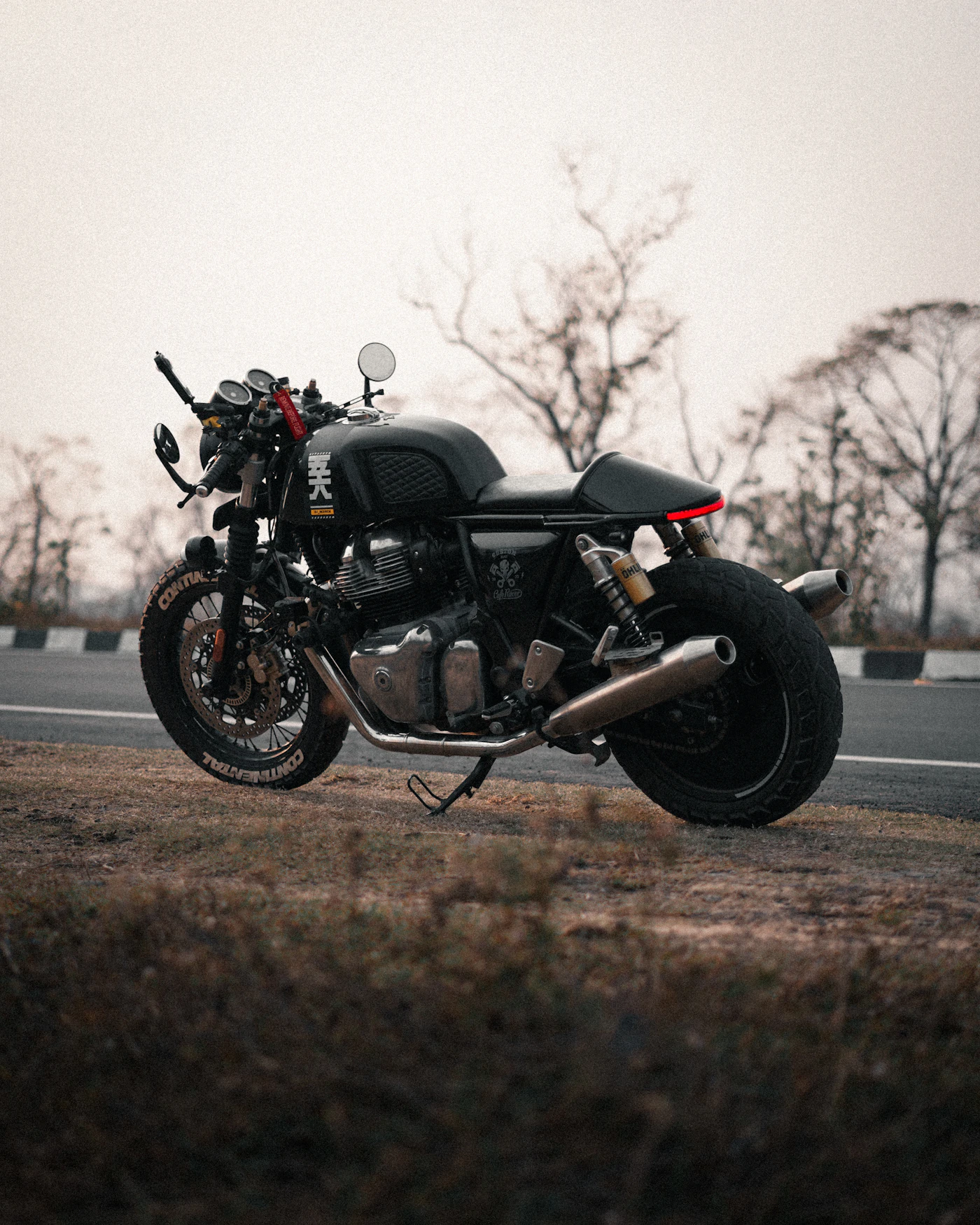 Custom motorcycle photographed side-on in open desert scrub