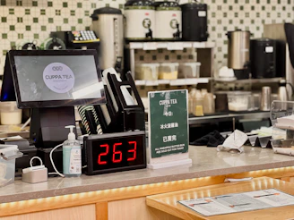 A counter with a clock and a counter top