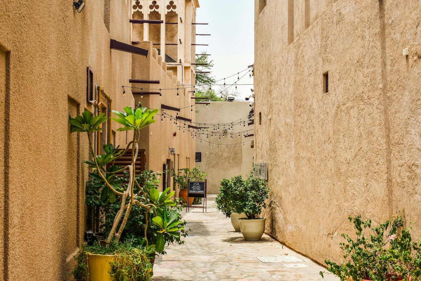 A quiet sand-colored lane with potted plants in the Al Fahidi quarter