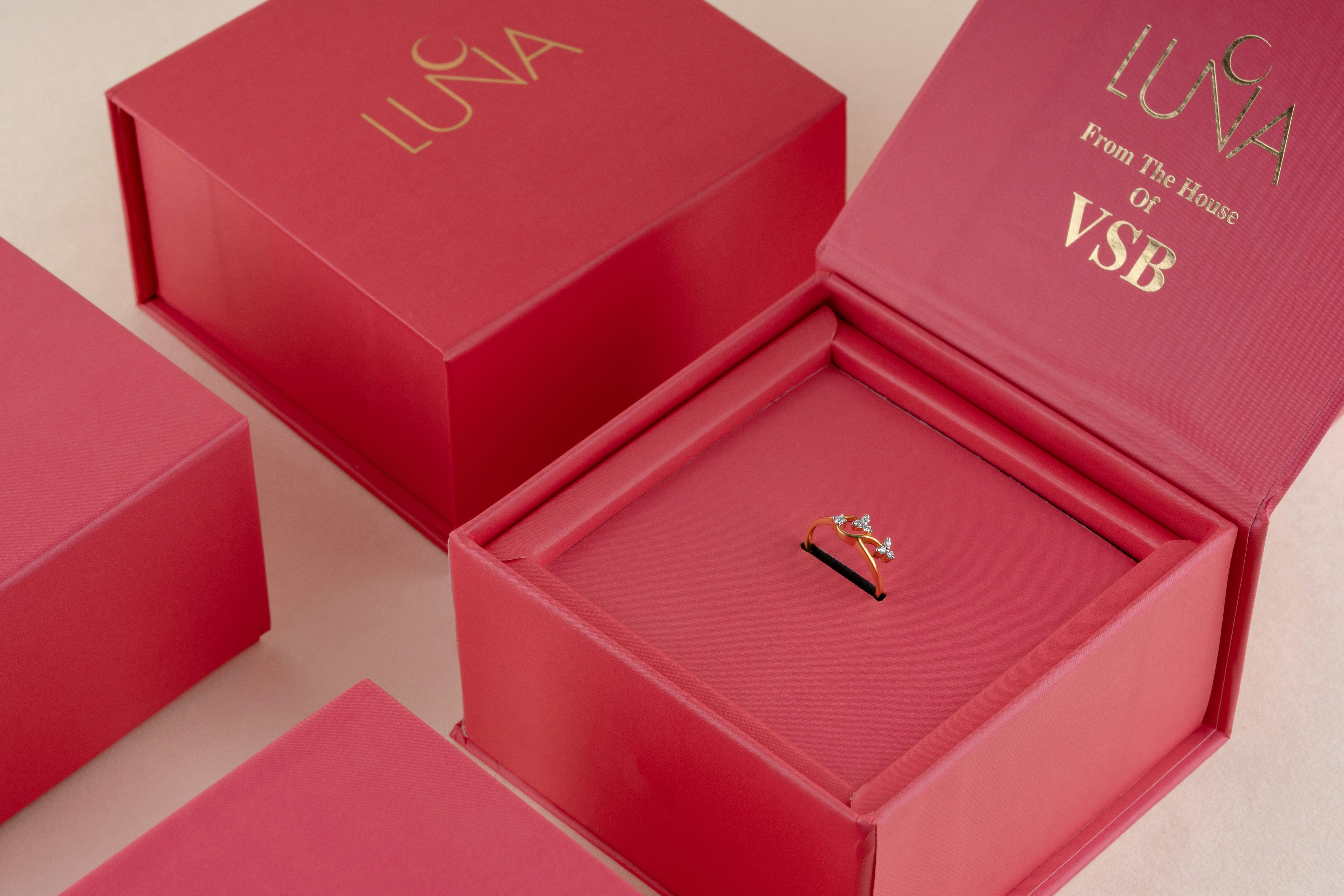 A pink box with a ring inside of it