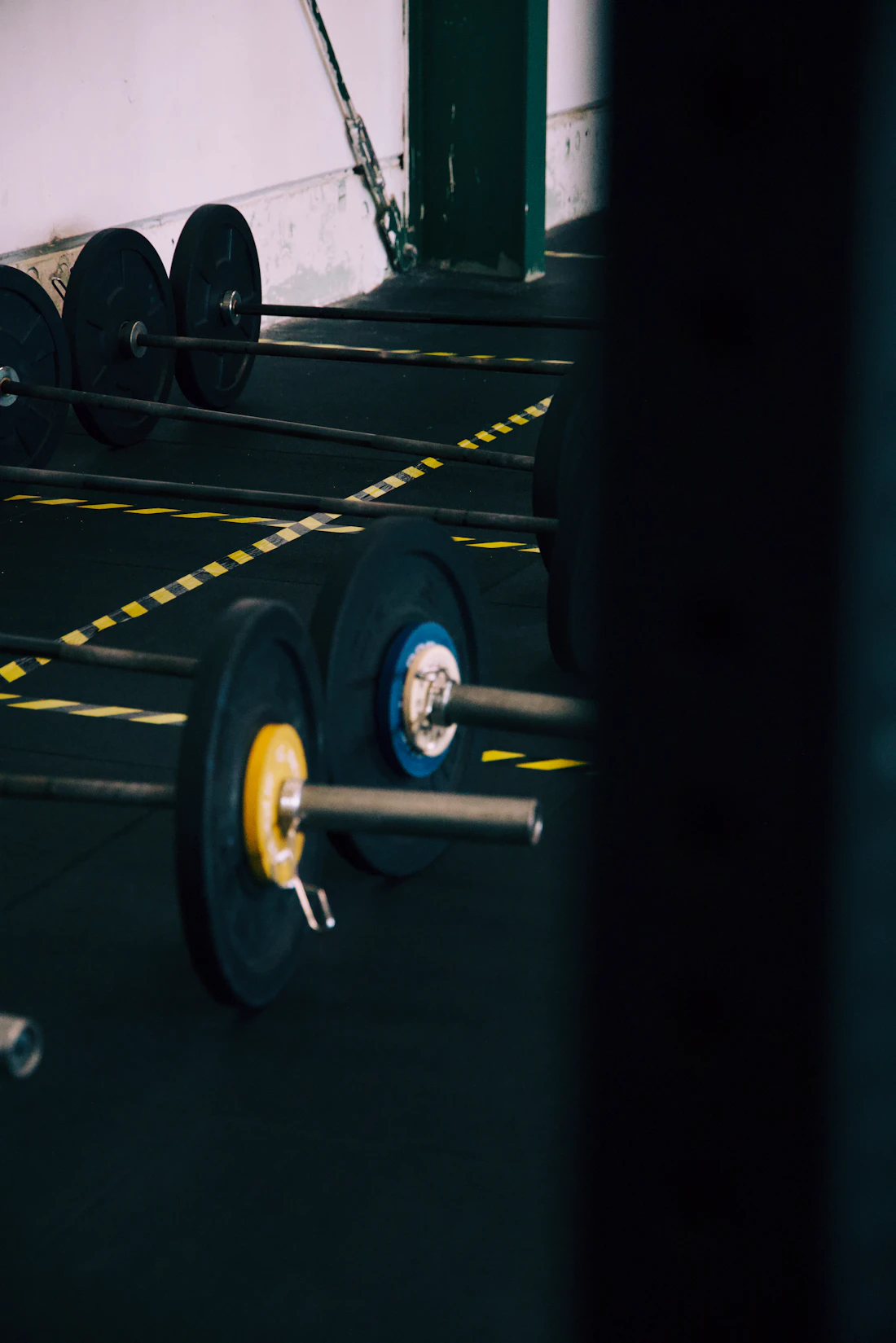 Racked plates and equipment on the gym floor