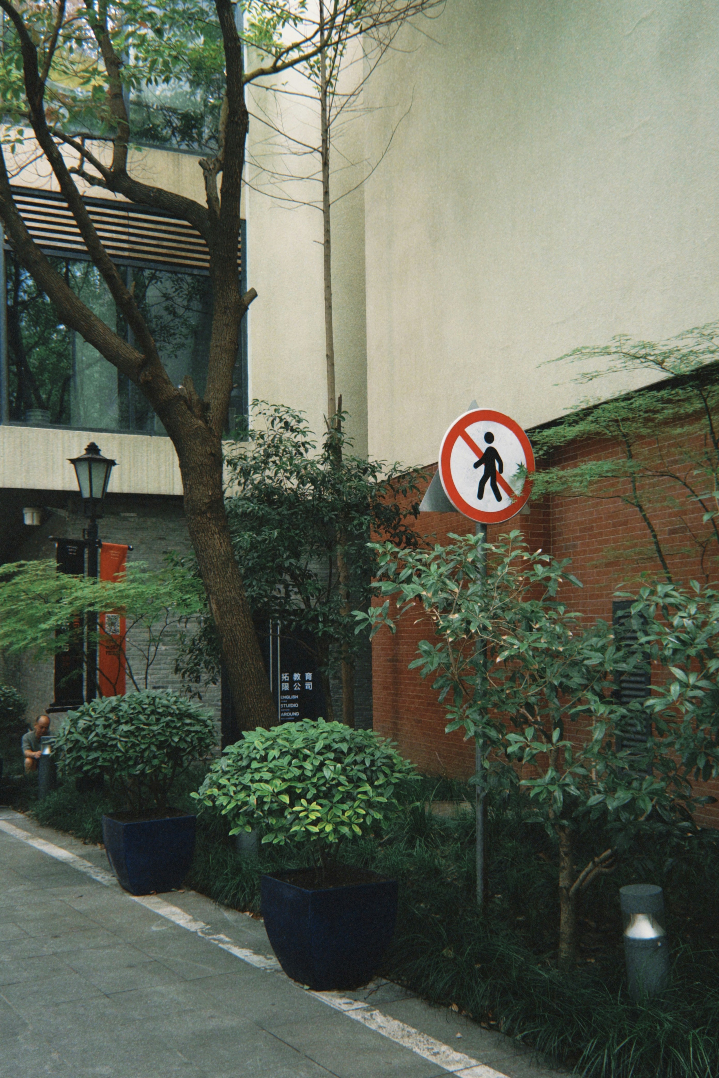 A red and white sign a tree and some bushes