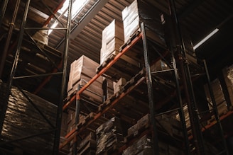 A large stack of boxes in a warehouse