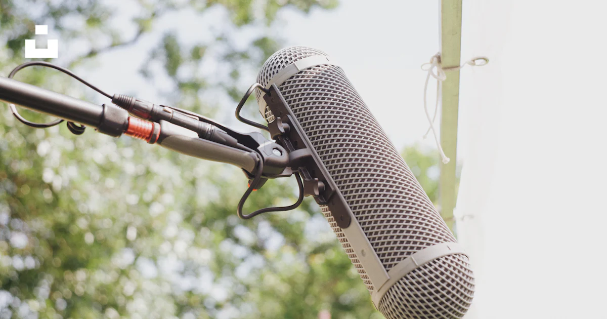 A microphone attached to a pole with trees in the background photo ...