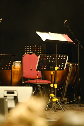 A red chair sitting in front of a microphone on top of a stage