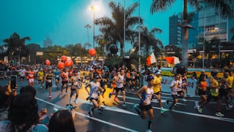 A large group of people running down a street