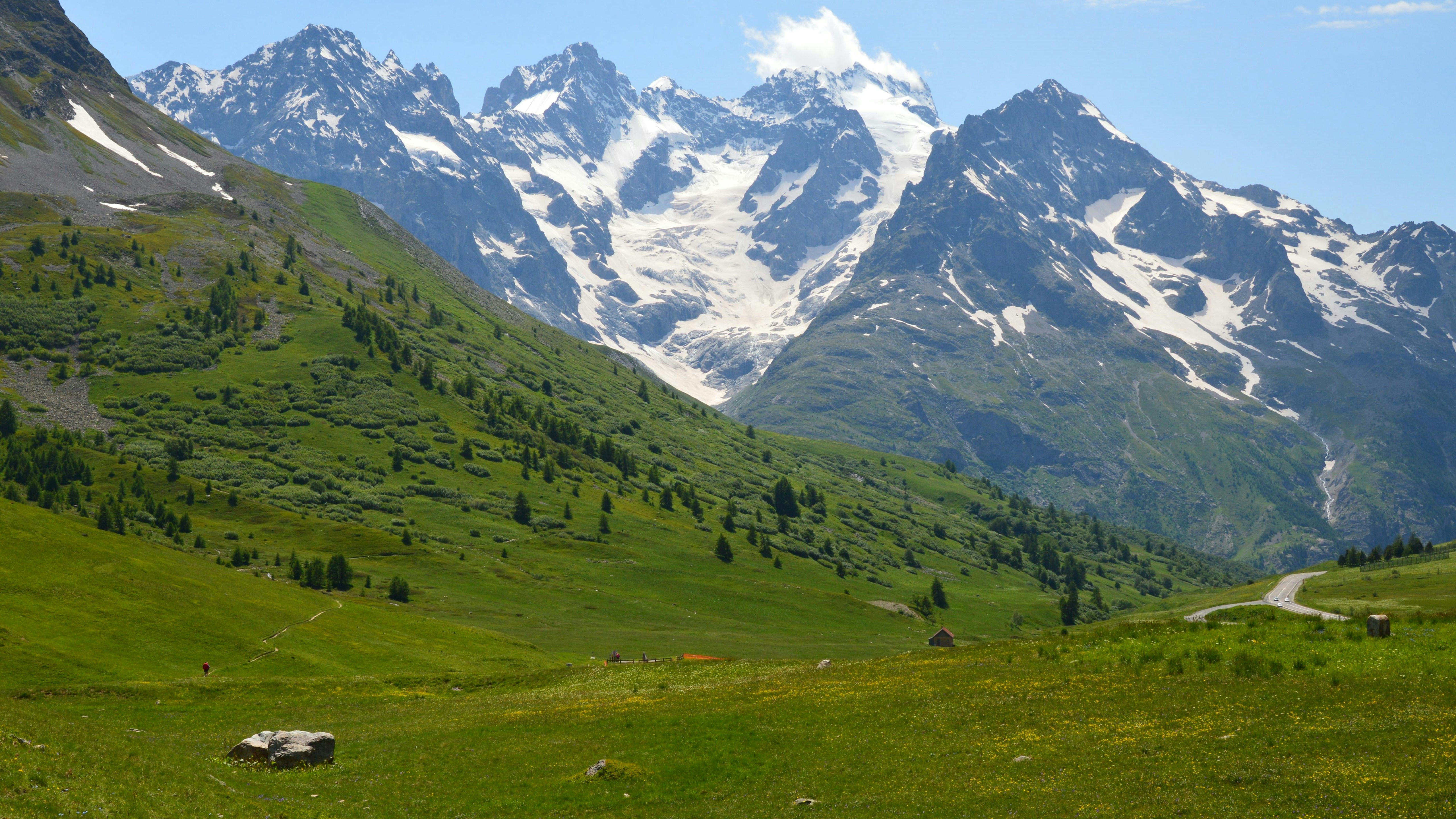 A grassy field with a mountain range in the background