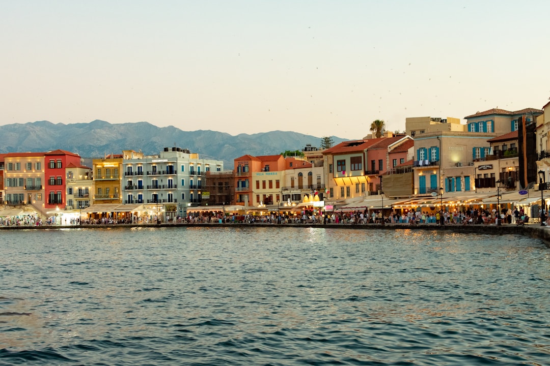 Crete, Greece - Old Venetian harbor in Chania on Crete with pastel waterfront buildings