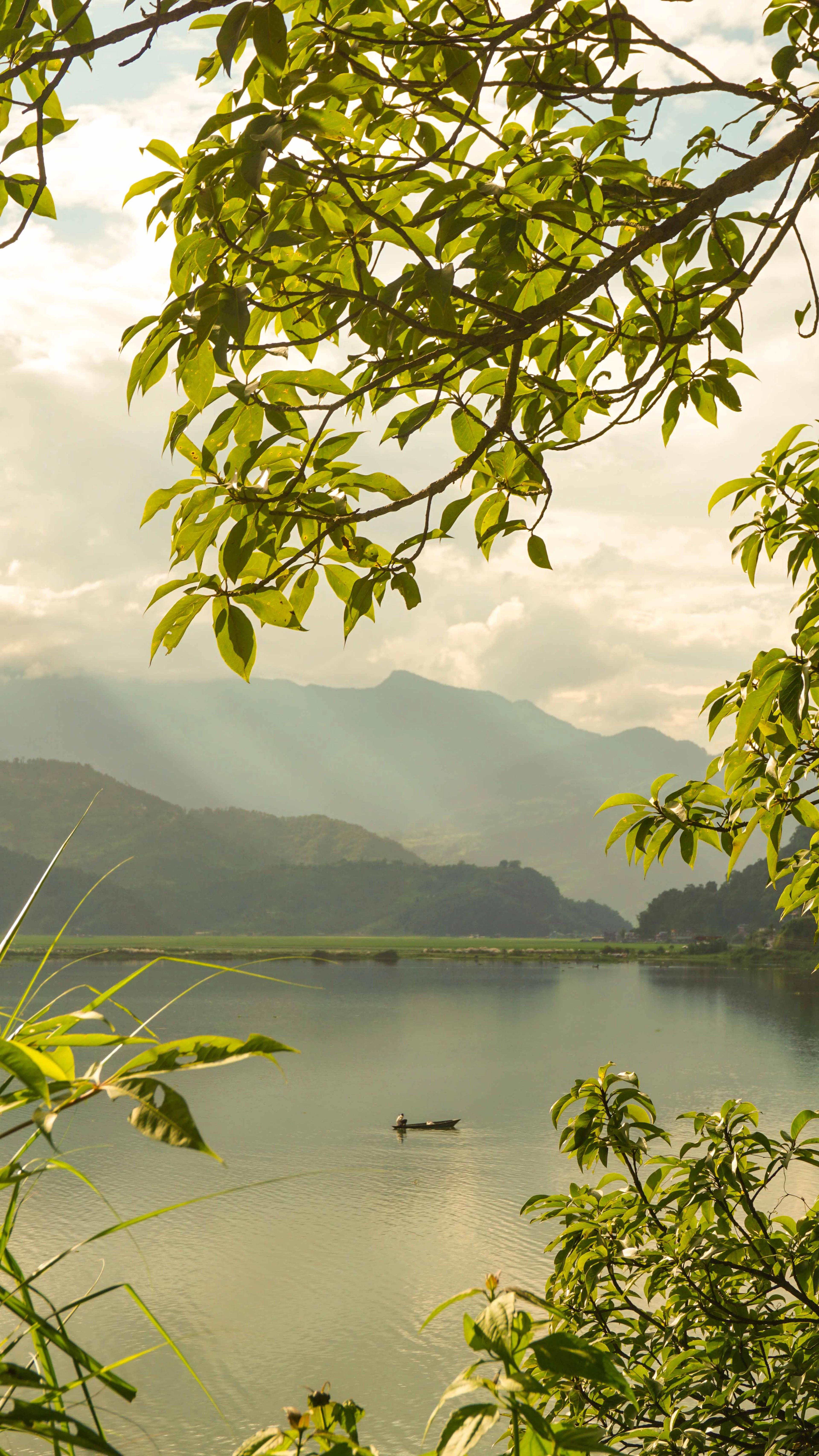 A quiet stretch of lake water at Pokhara framed by overhanging green branches, a single small boat far out on the surface and sunbeams breaking through cloud over the hills opposite