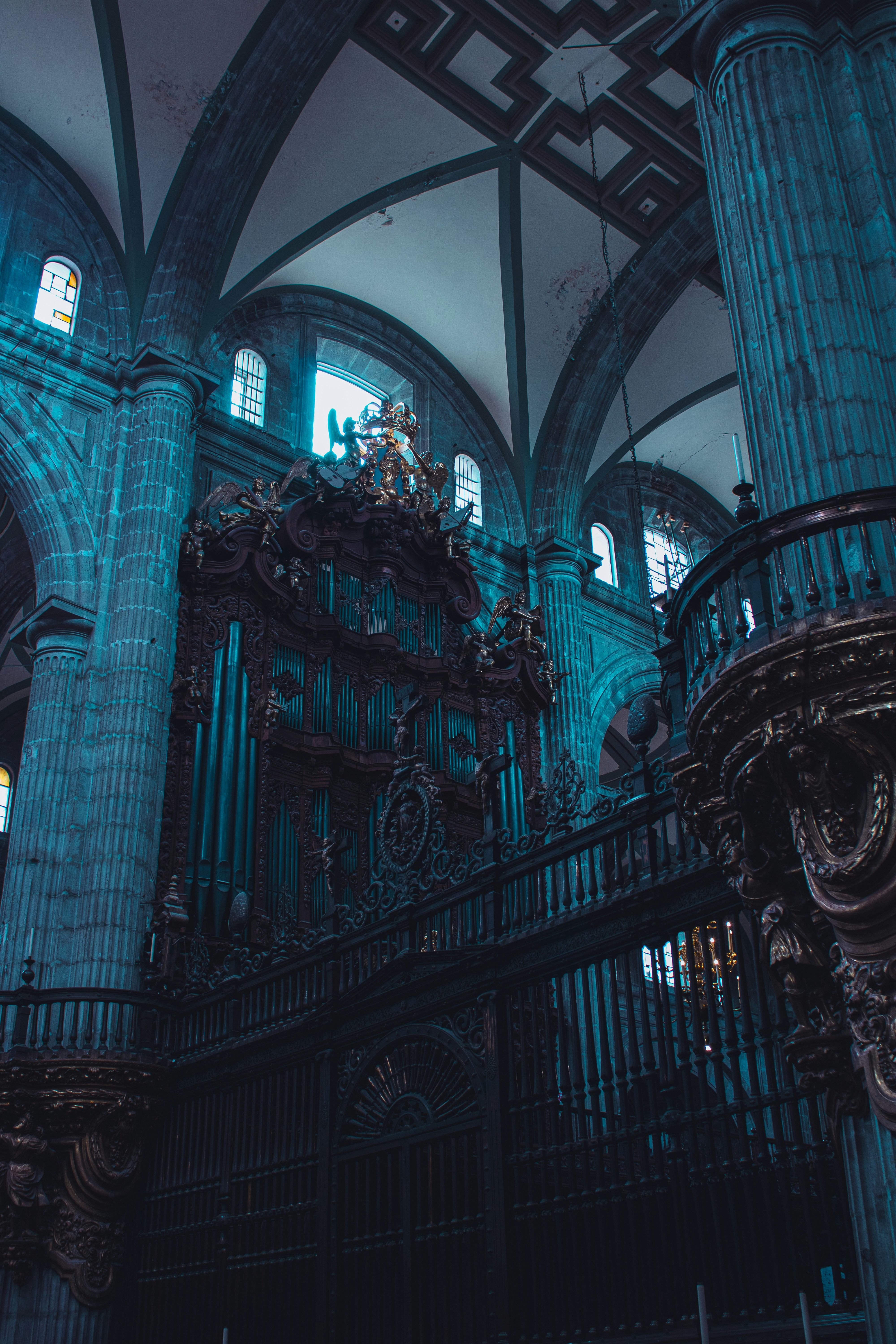 A large cathedral with columns and a chandelier