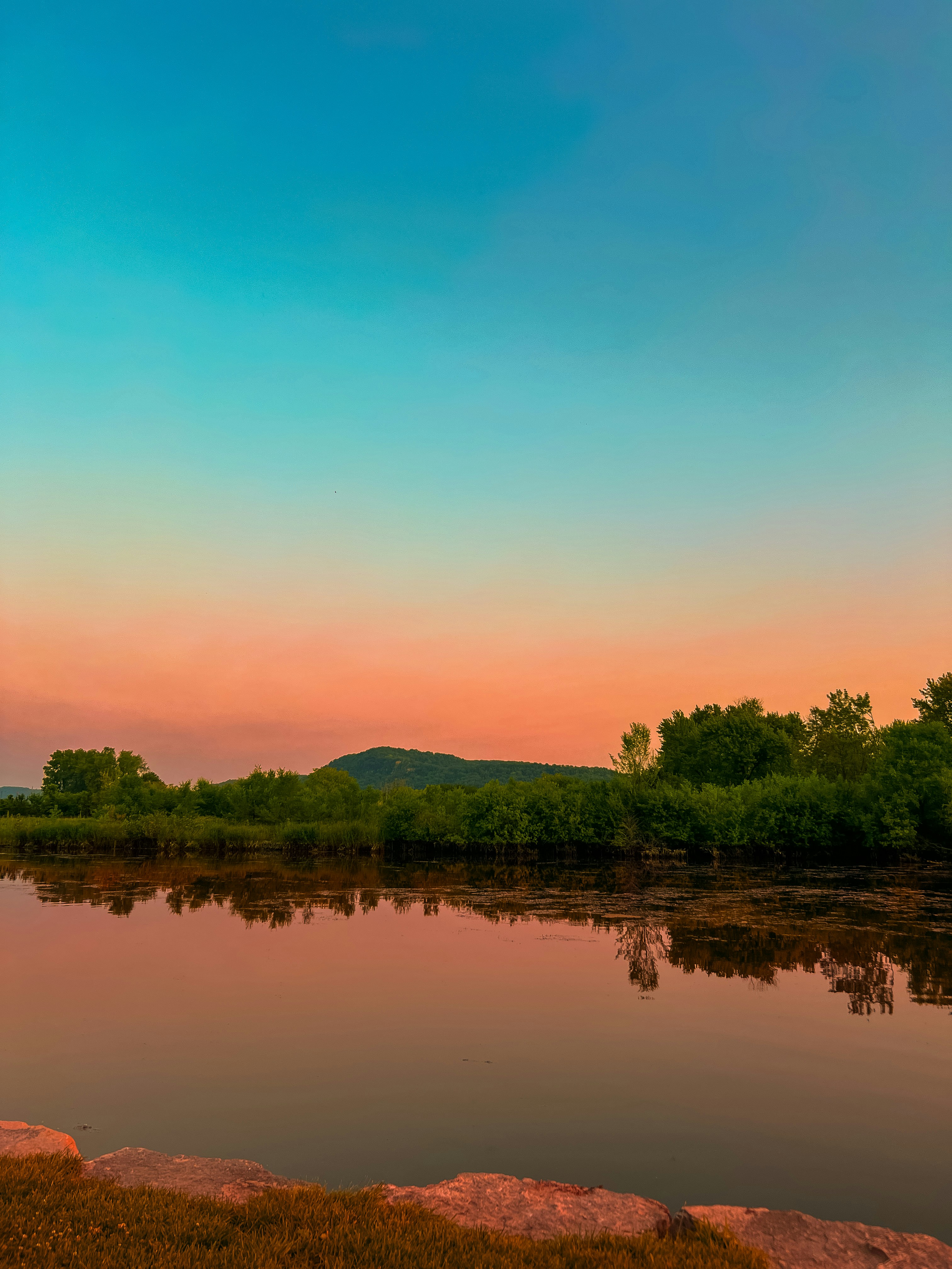 A body of water surrounded by rocks and trees