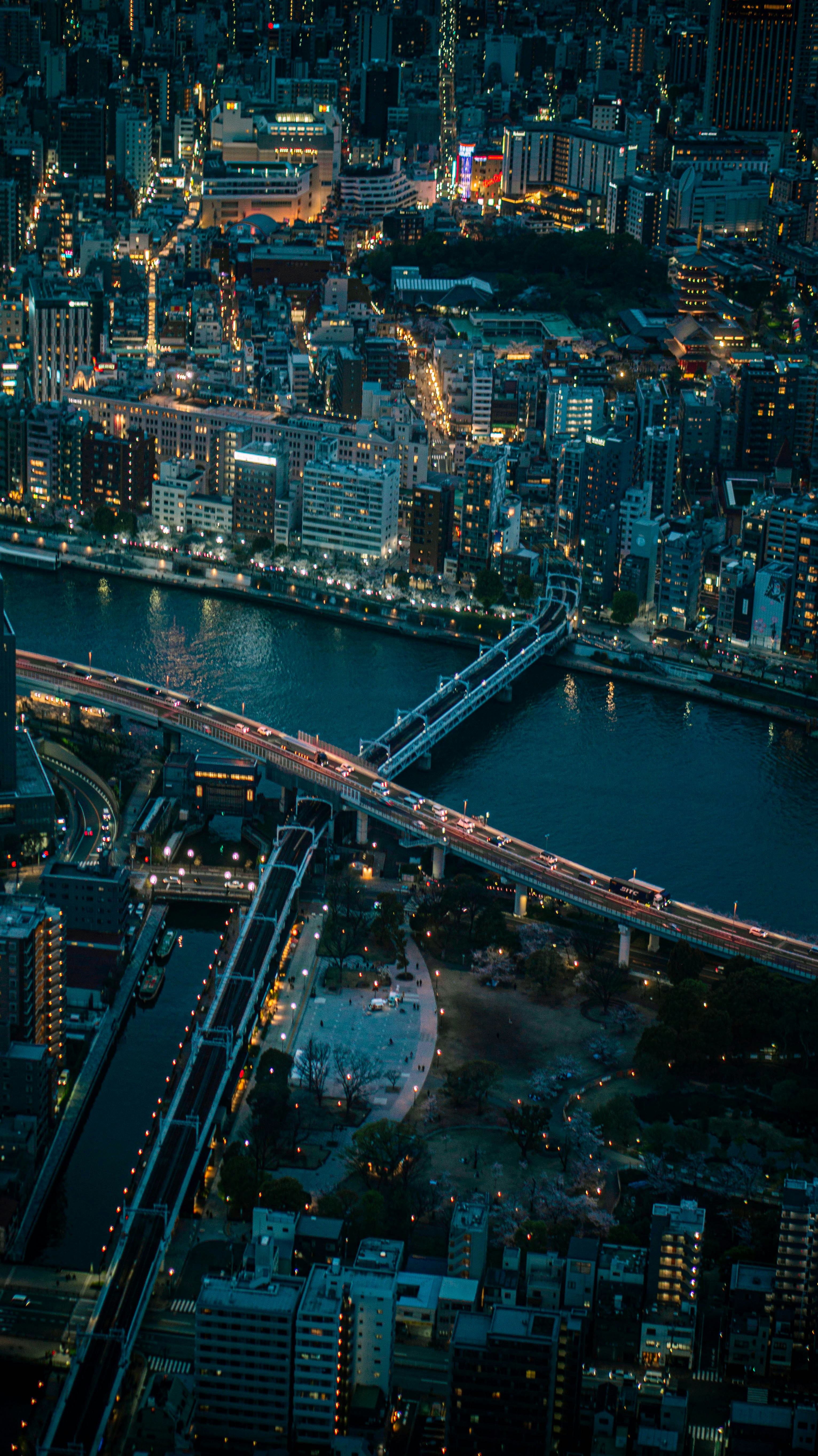 An aerial view of a city at night