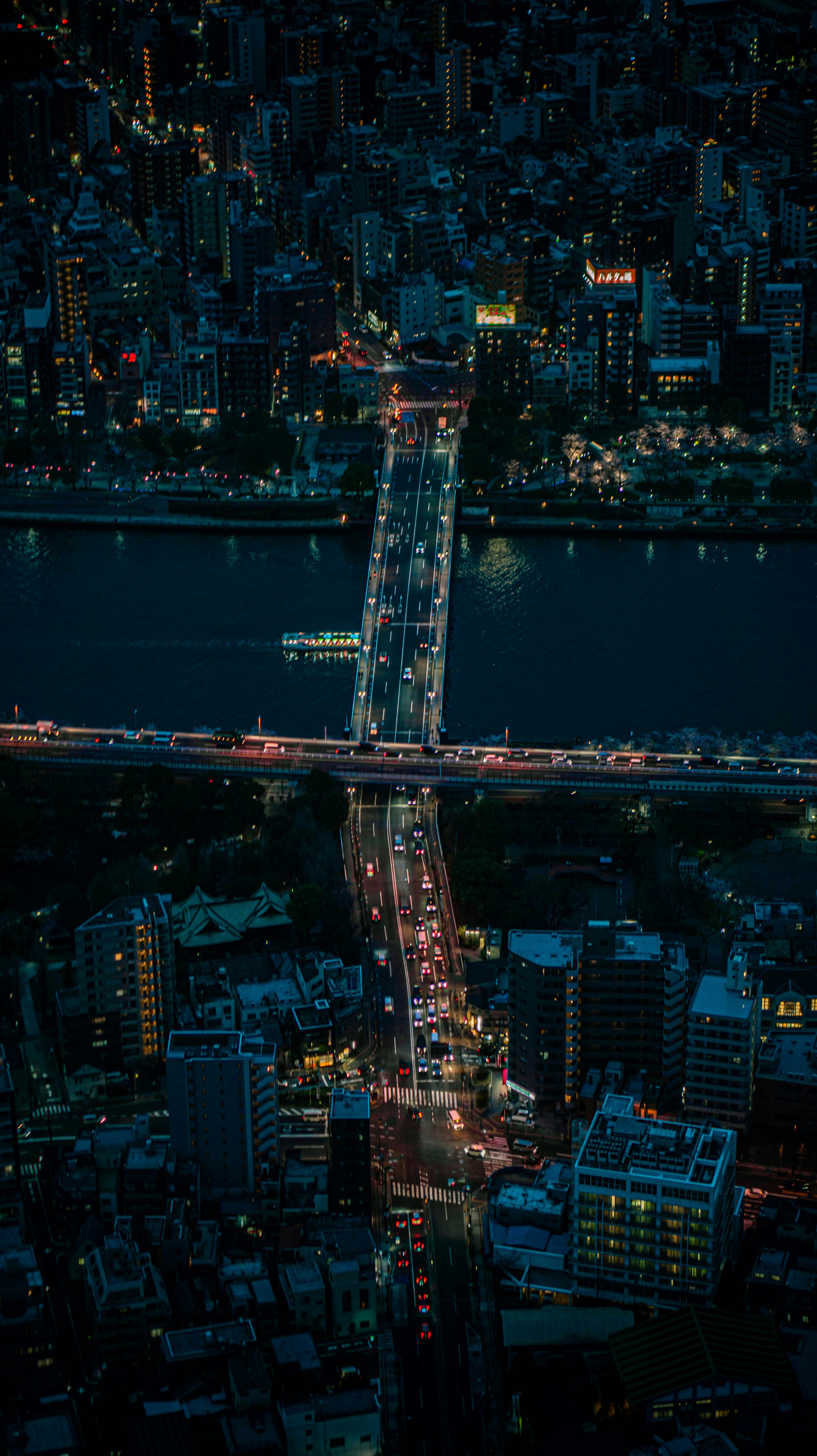 An aerial view of a city at night