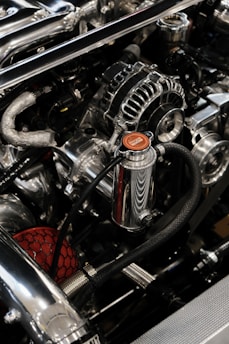 A close up of the engine of a car