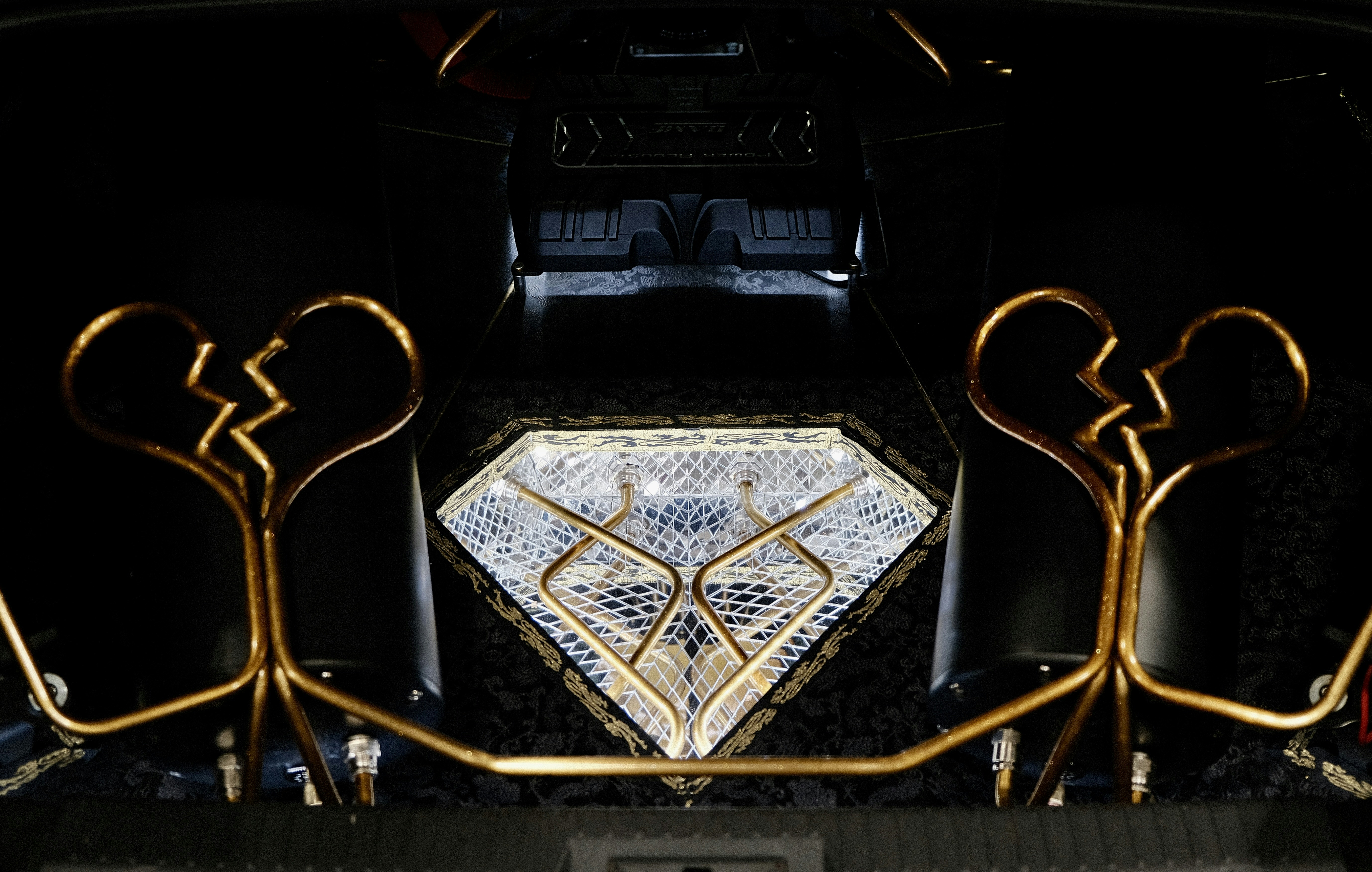 The back end of a car with a decorative design on it