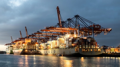 A large ship is docked in the water