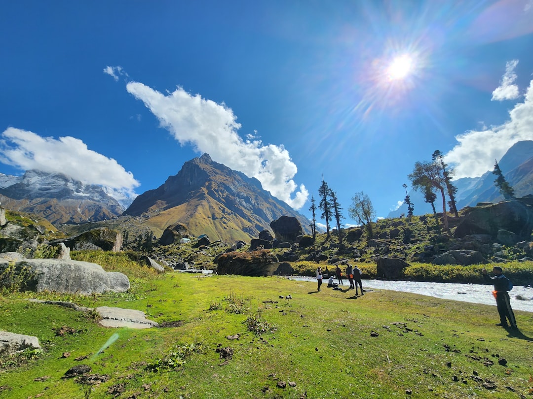 A group of people standing on top of a lush green field,