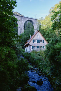 A house in the woods with a bridge in the background