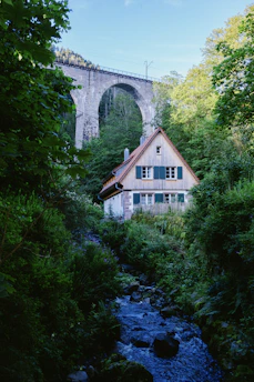 A house in the woods with a bridge in the background