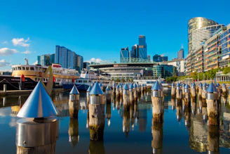 A body of water surrounded by tall buildings