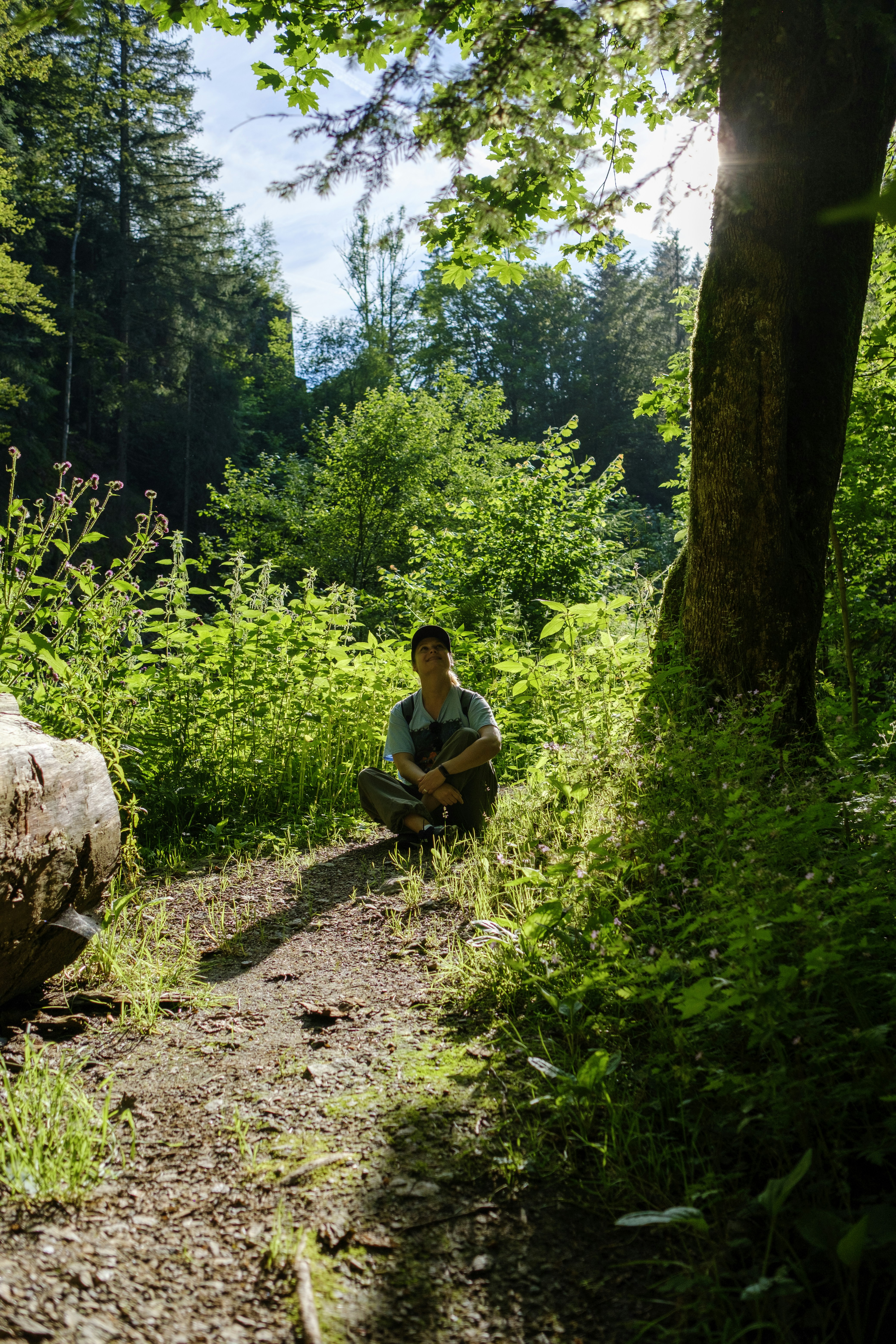 Ein Mann sitzt auf einem Baumstamm im Wald