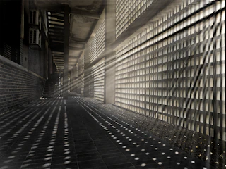 A black and white photo of a hallway