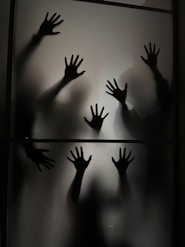 The shadow of a person's hands on a glass door