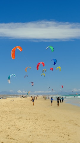 A group of people on a beach flying kites