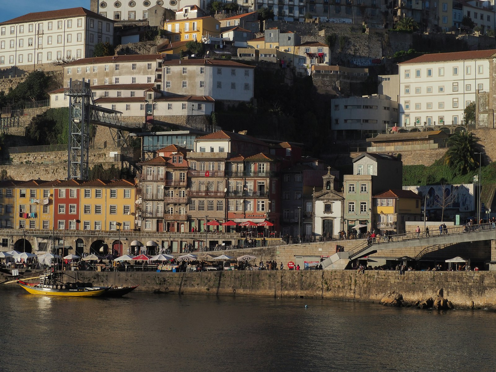 Colorful houses of Porto's Ribeira district stacked above the Douro River