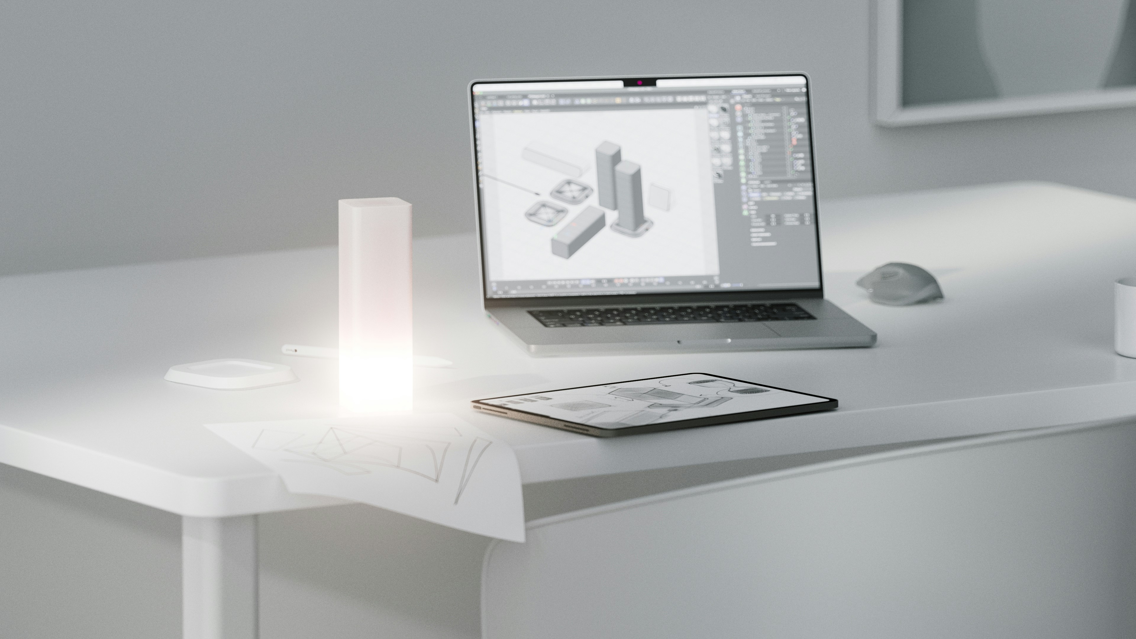 A laptop computer sitting on top of a white desk