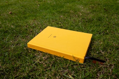 A yellow box sitting on top of a lush green field