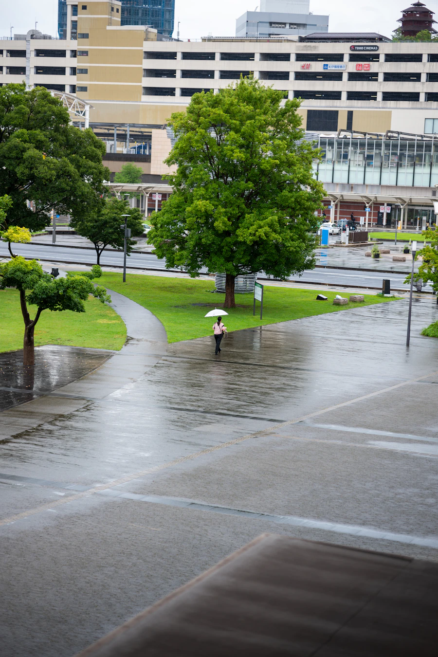 Viajero caminando por una calle lluviosa de la ciudad con paraguas y bolso, preparación de equipaje para vacaciones con lluvia