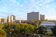 A view of a city with tall buildings