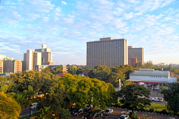 A view of a city with tall buildings