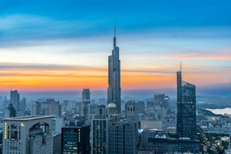 A view of a city at sunset from the top of a building