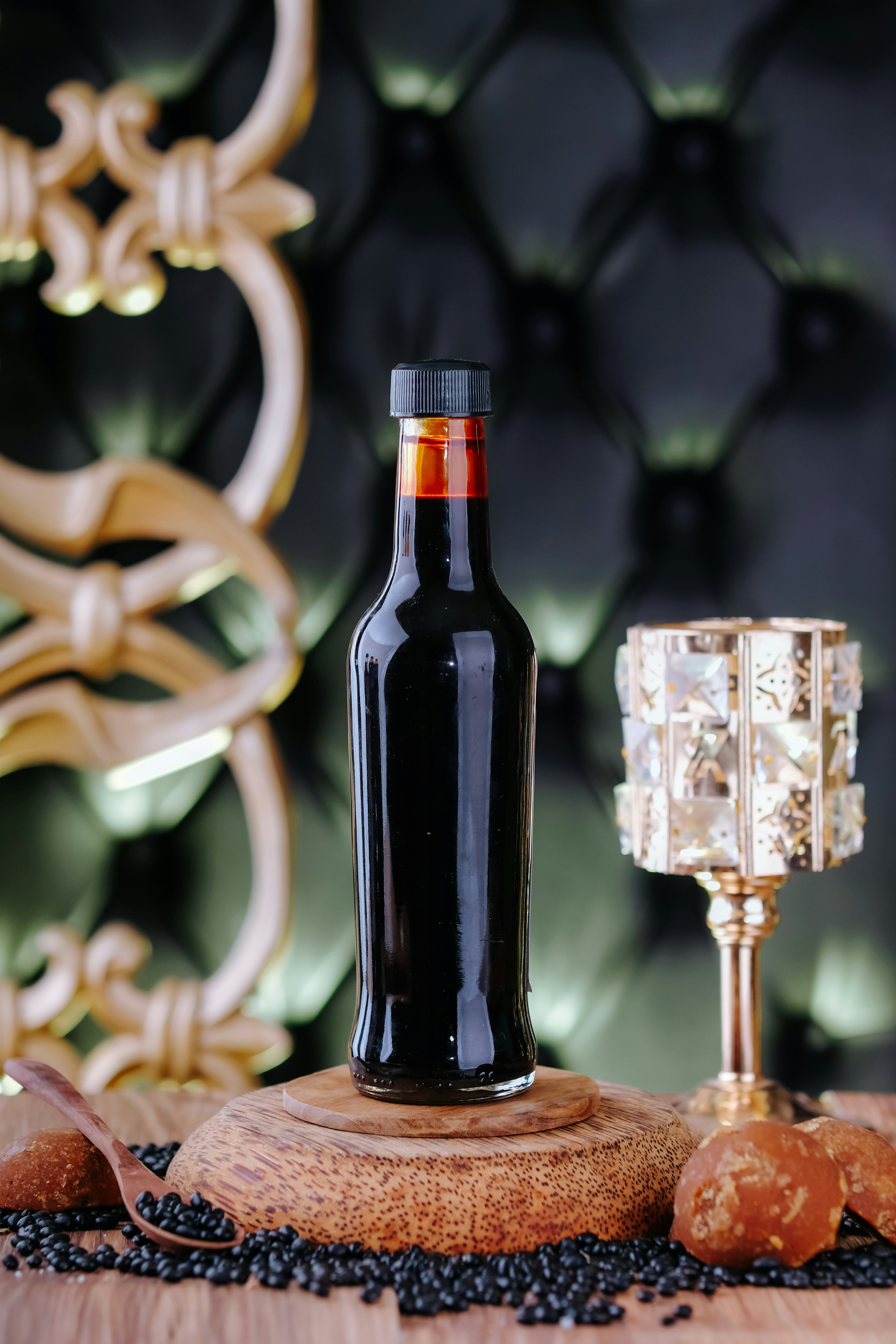 A bottle of wine sitting on top of a wooden table