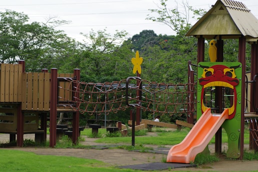 A children's play area with a slide and climbing frame