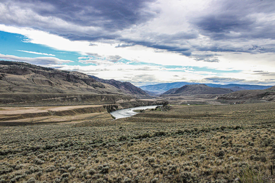 River winding through dry sagebrush hills near Kamloops BC